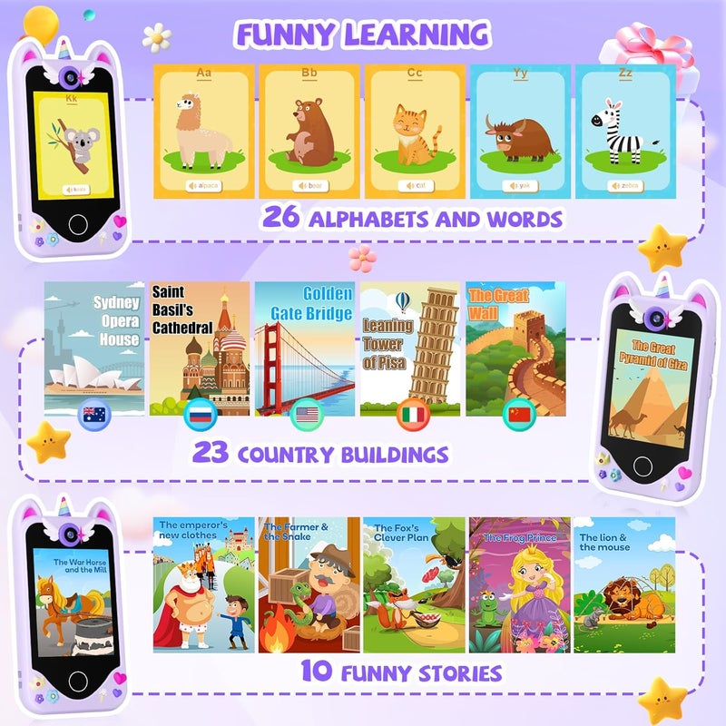 Yosfeng Kids Smart Phone for Girls Gifts - Toddler Christmas Birthday Gift for Age 3 4 5 6 Year Old, Kids Cell Phone Toy with Touchscreen, Dual Cameras, Learning, Kid Mp3 Player, Games with 32 GB Card - Image 5